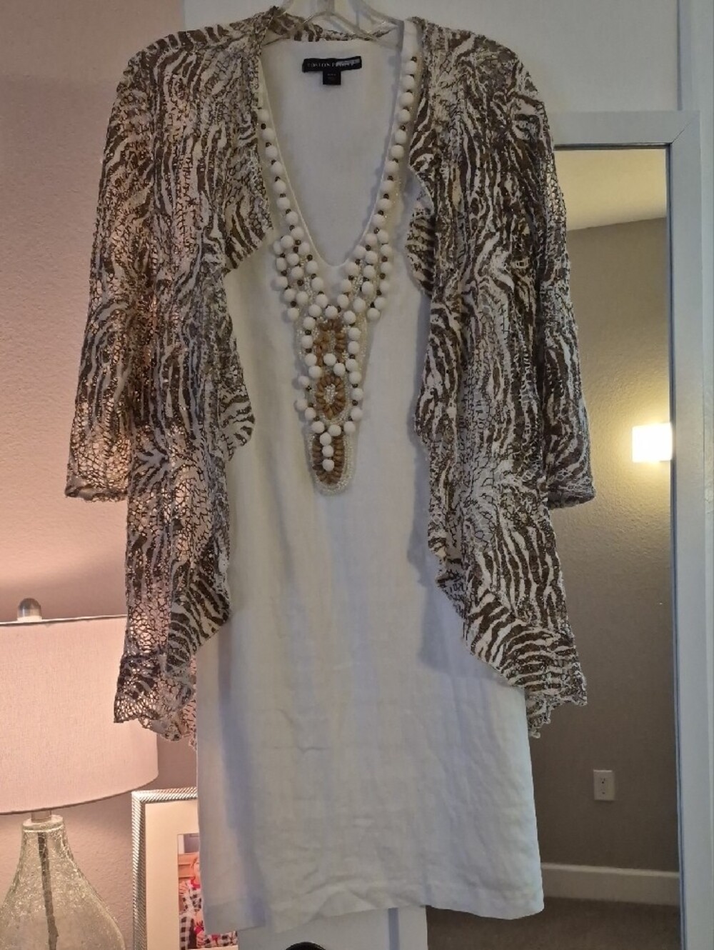 Boston Proper White Linen V‑Neck Dress with Brown Patterned Overlay